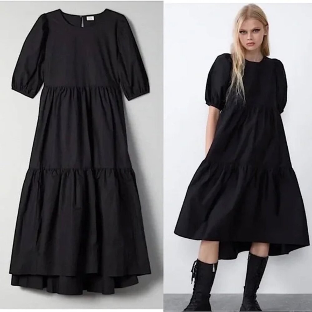 Aritzia Wilfred Rengo Puff Sleeve Tiered Dress Prairie Closet Staple Black